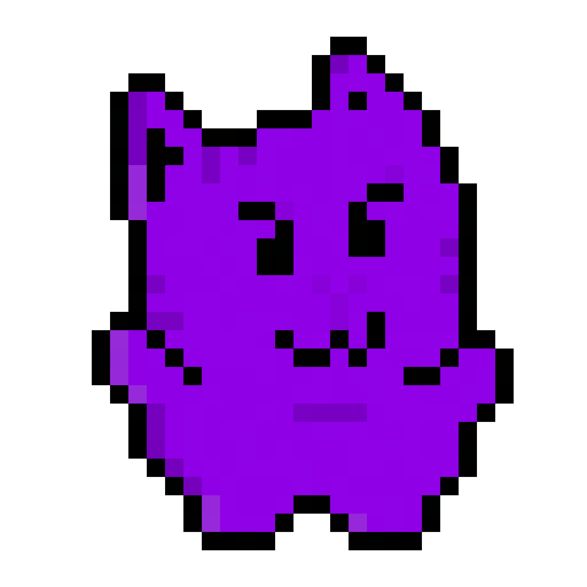 Purple body, angry eyes, crooked mouth