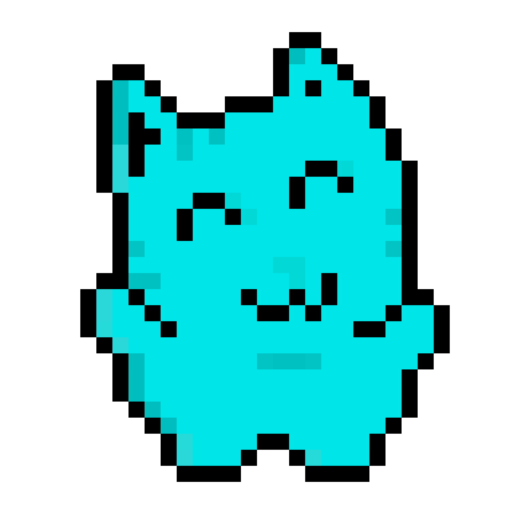 Turquoise body, happy eyes, crooked small nose