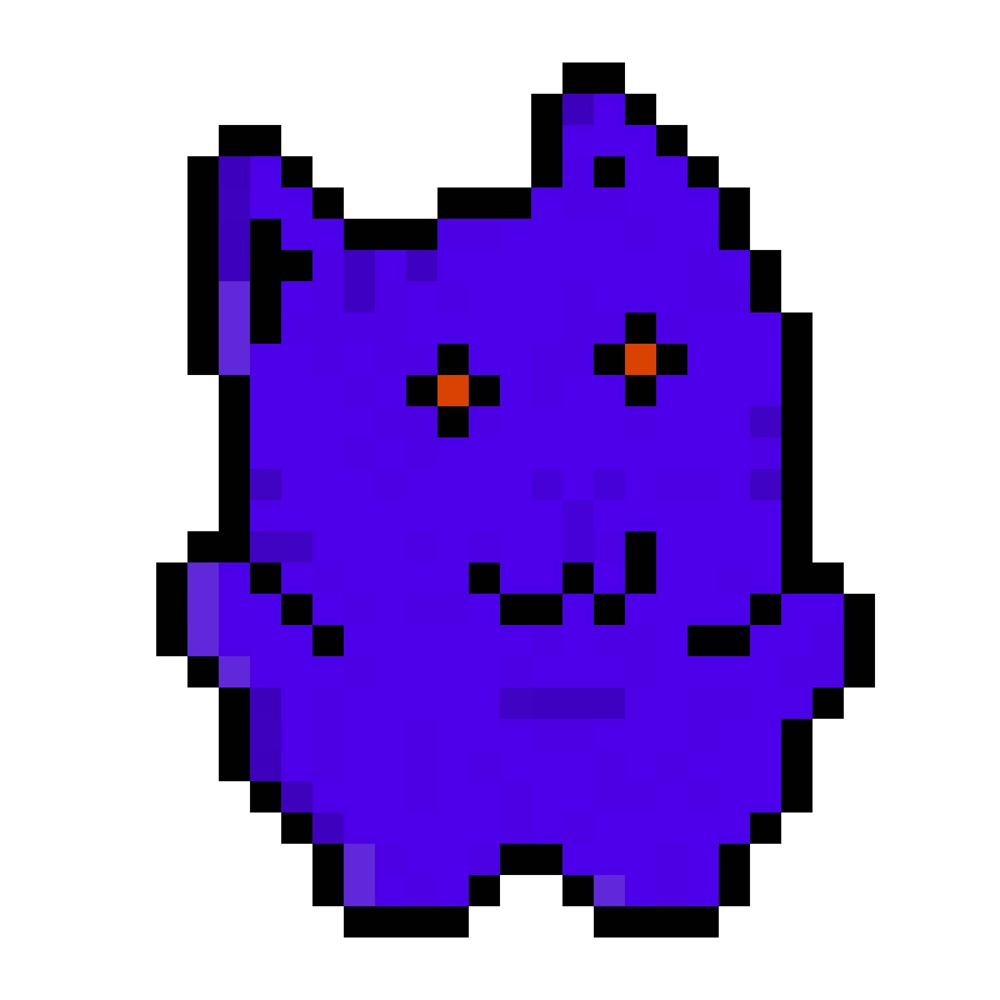 Violet body, red eyes, crooked mouth